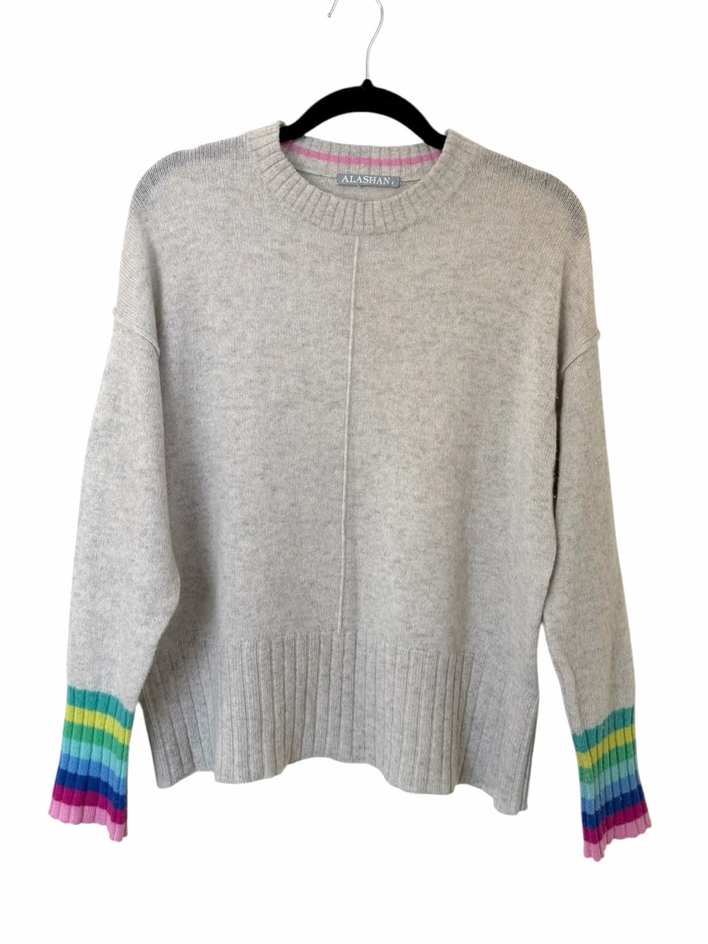 Alashan Cashmere Crewneck Sweater Light Gray Sweater with Rainbow Stripe Cuff